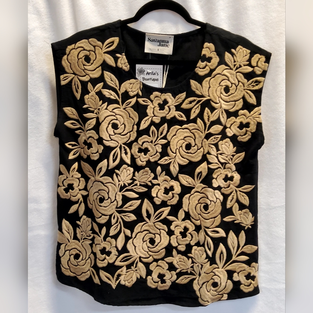 Savanah Jane black and tan floral embroidered sleeveless top